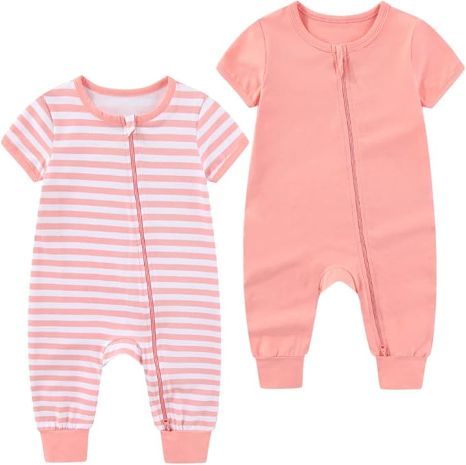 2 Pack Unisex Baby Short Sleeve Rompers 2 Way Zipper New Born One-Piece Jumpsuits 0-24Months Infant Outfits