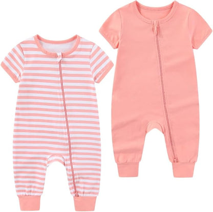 2 Pack Unisex Baby Short Sleeve Rompers 2 Way Zipper New Born One-Piece Jumpsuits 0-24Months Infant Outfits