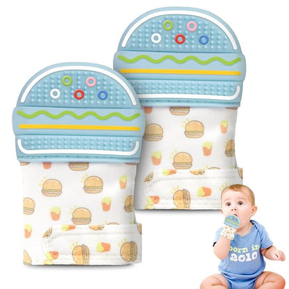 2Pack Silicone Teething Mitt, Hamburger Baby Teething Toy for 0-6 6-12 Months, Food Grade Silicone Infant Teething Mitten, BPA-Free Baby Chew Toys for Pain Relief, Sucking Needs