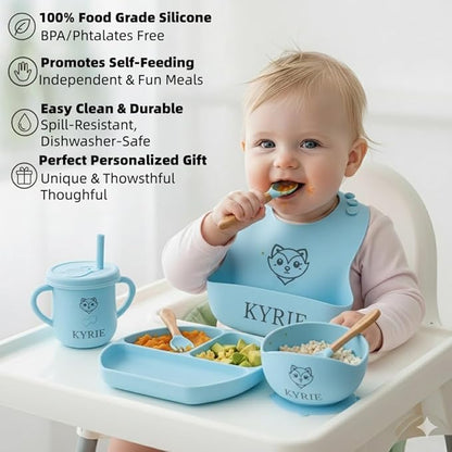 Personalized Name Food Grade 6pcs Baby Feeding Set with Spoon, Fork,Silicone Suction Bowls,Cup,Plate,and bib BPA Free - First Stage Self Feed (Color Blue Y9)