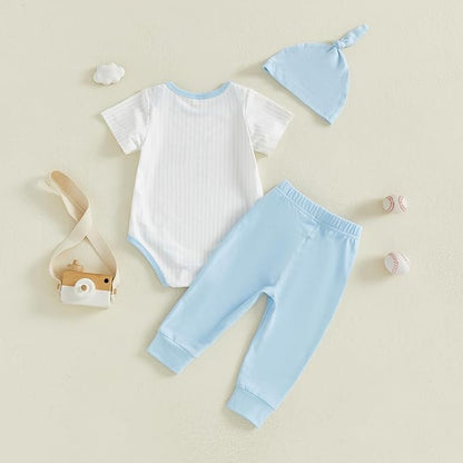 Honganda Infant Baby Boy Baseball Outfits Letter Print Striped Romper Bodysuit with Pants Hat 3Pcs Summer Clothes Set