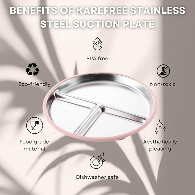 Karefree Children’s Minimalist Stainless Steel Suction Plate with Lid – 3-Section, BPA-Free, Food Grade Silicone, Easy Clean, Perfect for Toddlers & Baby Led Weaning (2, Blush Pink and Beige)