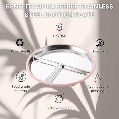 Karefree Children’s Minimalist Stainless Steel Suction Plate with Lid – 3-Section, BPA-Free, Food Grade Silicone, Easy Clean, Perfect for Toddlers & Baby Led Weaning (2, Blush Pink and Beige)