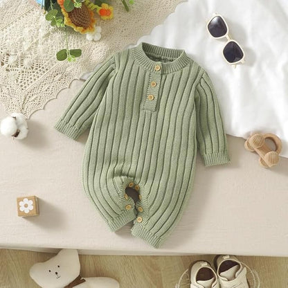 Neiwech Baby Boy Girl Romper Newborn Infant Knit Striped Solid Long Sleeve One Piece Jumpsuit Clothes