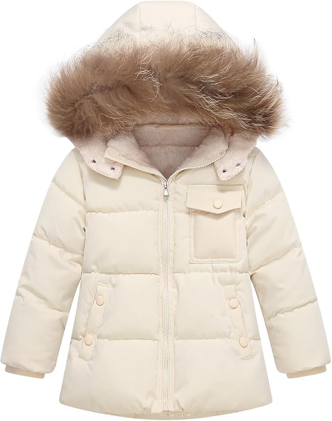 Kids Girls Winter Fleece Lined Puffer Jackets Fur Collar Hooded Parka Snow Coats