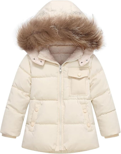 Kids Girls Winter Fleece Lined Puffer Jackets Fur Collar Hooded Parka Snow Coats