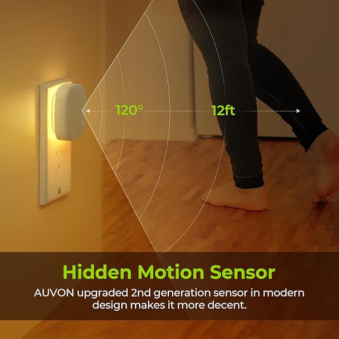 AUVON Plug-in LED Backlit Night Light with Motion Sensor & Dusk to Dawn Sensor, Dimmable Warm White Nightlight with 1-50 lm Adjustable Brightness for Bedroom, Bathroom, Stairs, Hallway (4 Pack)