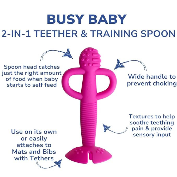 Busy Baby Teething Spoon - 2-in-1 Teether and Training Spoon for Self Feeding, Dishwasher Safe, BPA Free, Food Grade Silicone (Pink)