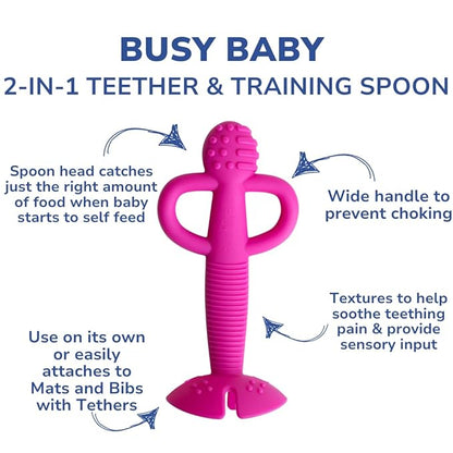 Busy Baby Teething Spoon - 2-in-1 Teether and Training Spoon for Self Feeding, Dishwasher Safe, BPA Free, Food Grade Silicone (Pink)
