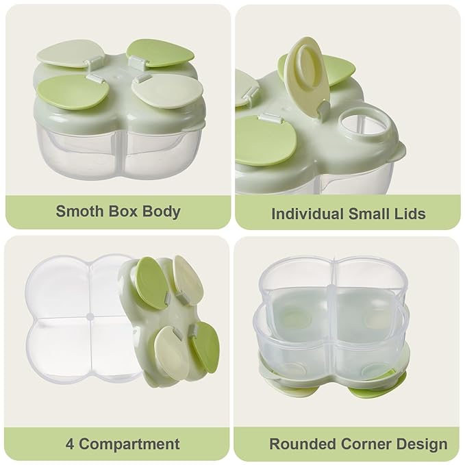 Formula Dispenser No-Spill with Four Compartment, Infant Milk Powder Dispenser Portable On The Go, Kids Snack Formula Containers for Travel Hold Outdoor, Green