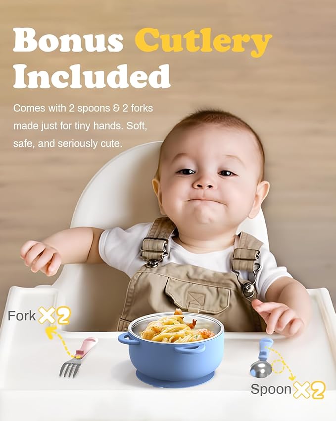 Suction Toddler Bowls and Feeding Utensils Set, 2-in-1 Stainless Steel 304 Kids Bowl & Silicone Suction Baby Bowl with Spoons and Forks, First Self-feeding Training Set, Unicorn Magic