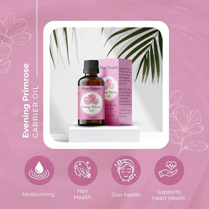 White Naturals Evening Primrose Carrier Oil – 100% Pure & Cold-Pressed, Lightweight & Nourishing Oil for Skin Care, Hair Care & DIY Beauty, 4oz