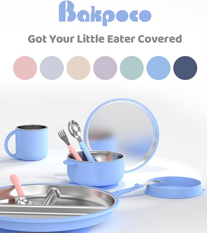 8" Stainless Steel Baby Suction Plate, Toddler Plates with Removable Silicone Sleeves, Non Toxic Unbreakable Led Weaning Supplies Kids Snack Dishes Set of 4, Sage Blue Gray Navy