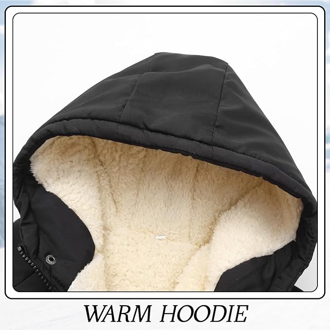 Winter Kids Boys Snow Coats Black Puffer Jacket Hooded Clothes Fleece-Lined Wear