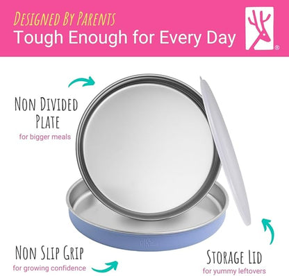 Elk and Friends 7.8” Stainless Steel Non Divided Plates with Silicone Sleeve + Storage Lid | Baby, Toddler, Kids | Dishwasher Safe | Dinner & Snack Plates | 2 Pack