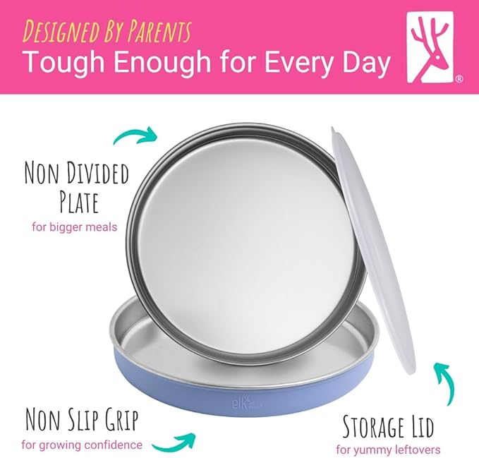 Elk and Friends 7.8” Stainless Steel Non Divided Plates with Silicone Sleeve + Storage Lid | Baby, Toddler, Kids | Dishwasher Safe | Dinner & Snack Plates | 4 Pack