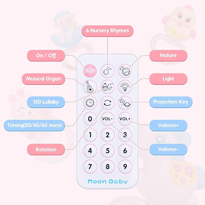 BOBXIN Baby Musical Crib Mobile for Bassinet with Projector and Night Light,150 Music,Timing Function,Take Along Mobile Musical Box and Rattle,Toy for Newborn Girls Boys