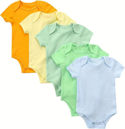 5-Pack Newborn Infant Unisex Short Sleeve Baby Bodysuits,Comfortable 100% Cotton Candy Color Rompers
