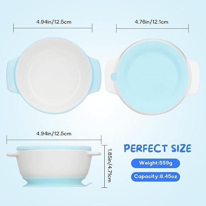 Ceramic Suction Bowl for Babies and Toddlers, Non-Slip Silicone Suction Cup, BPA-Free Lids, Independent feeding, First Stage Self Feeding Essential, Led Weaning Snack Feeder BLUE