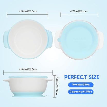 Ceramic Suction Bowl for Babies and Toddlers, Non-Slip Silicone Suction Cup, BPA-Free Lids, Independent feeding, First Stage Self Feeding Essential, Led Weaning Snack Feeder BLUE