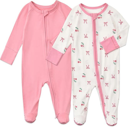 Baby Footed Pajamas with Mittens Rayon from Bamboo 2pcs Newborn Infant 2-way Zipper Pjs Cute Sleeper Outfit