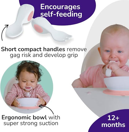 doddl Baby First Utensil Feeding Set (6–12 Months) – Baby Cutlery + 2-in-1 Suction/Non-Slip Bowl + Easy-Clean Placemat – BLW Weaning Kit Dusky Rose