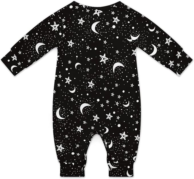 Black White Moon And Star Pattern Baby Romper Long Sleeve Onesie Button Jumpsuit Baby Clothes Unisex