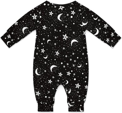 Black White Moon And Star Pattern Baby Romper Long Sleeve Onesie Button Jumpsuit Baby Clothes Unisex