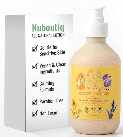 Organic Vegan Baby Lotion – Calendula & Lavender for Gentle Moisturizing Sleep-Time Moisture, Newborns & All Skin Types Eco-Friendly Biodegradable Bottle - 10.6 Fl Oz