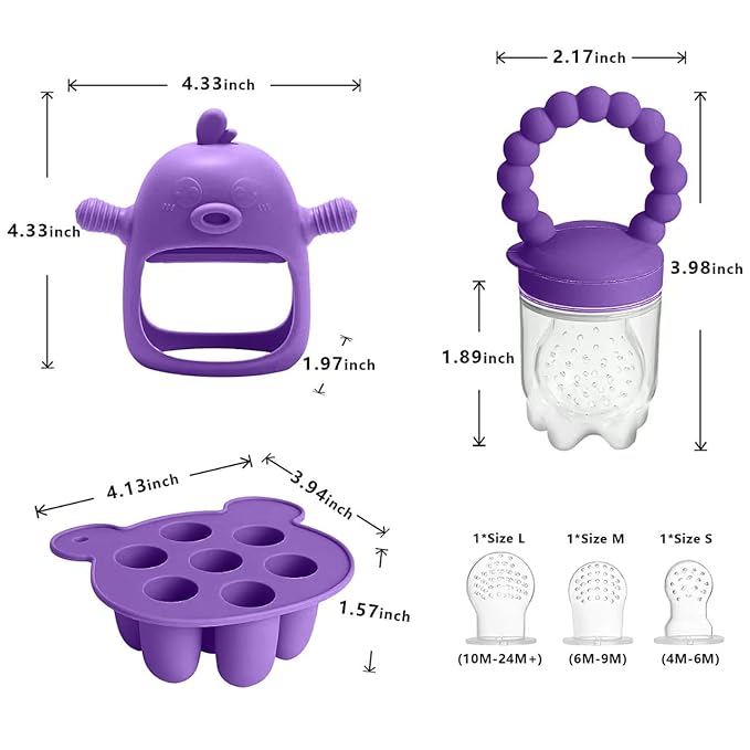 Baby Fruit Food Feeder Breastmilk Popsicle Molds for Teething Relief - 3 Pack Feeding Sets - 1 Freezer Tray with Lid & 1 Teether & 1 Silicone Pacifier + 3 Extra Sizes Infant Feed Mesh (Purple)