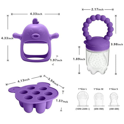 Baby Fruit Food Feeder Breastmilk Popsicle Molds for Teething Relief - 3 Pack Feeding Sets - 1 Freezer Tray with Lid & 1 Teether & 1 Silicone Pacifier + 3 Extra Sizes Infant Feed Mesh (Purple)