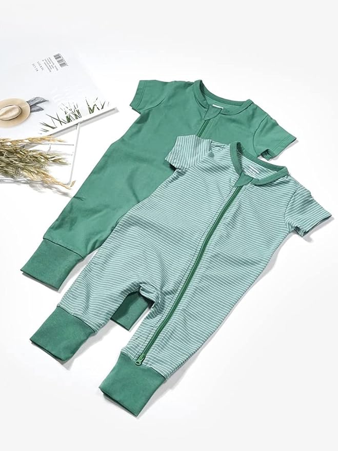 Teach Leanbh Baby Boys Girls 2-Pack Romper Jumpsuits Cotton 2 Way Zipper Short Sleeve Footless Sleep and Play 3-24 Months