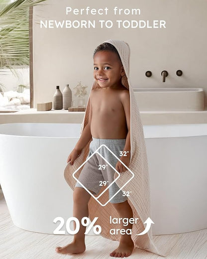 Yoofoss Hooded Baby Towels for Newborn 2 Pack 100% Muslin Organic Cotton Baby Bath Towel with Hood for Babies, Infant, Toddler and Kids, 32x32Inch, Soft and Absorbent Newborn Essential, Beige&Coffee