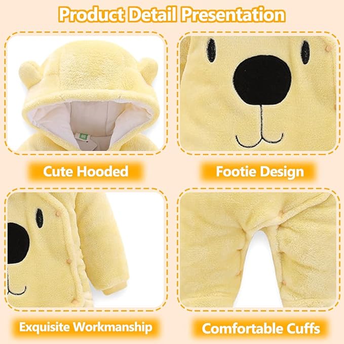 ALLAIBB Baby Newborn Snowsuit Winter Hooded Footie Fleece Jumpsuit for Infant Girls Boys