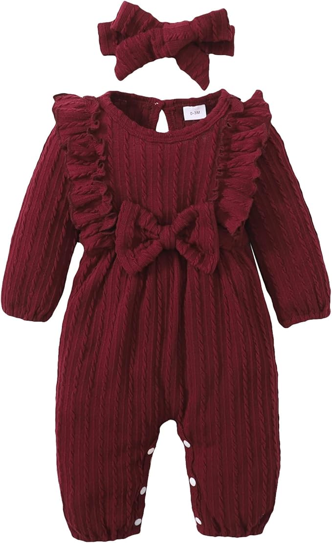 Happy Town Baby Girl Romper Infant Fall Winter Clothes Ruffle Sweater Long Sleeve Bodysuit Jumpsuit and Headband