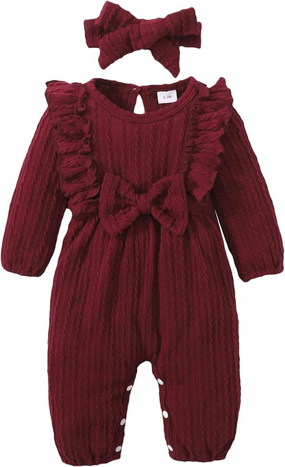 Happy Town Baby Girl Romper Infant Fall Winter Clothes Ruffle Sweater Long Sleeve Bodysuit Jumpsuit and Headband