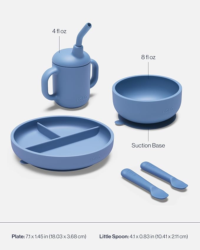 Lalo First Bites Silicone Baby Feeding Set - Baby Led Weaning Supplies - Non-Toxic Silicone - Includes 1 Bib, 2 Spoons, Training Cup, Suction Plate and Bowl - 6 Pieces - Blueberry