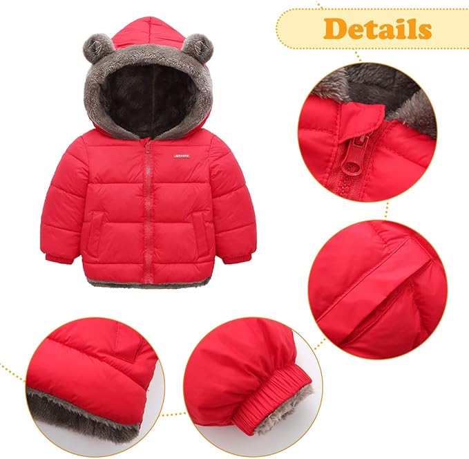 Happy Cherry Baby Boys Girls Puffer Jacket Hooded Coat Fleece Liner Elastic Cuffs Outerwear 12Mon-5T