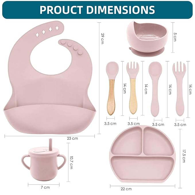 100% Silicone baby feeding set,BPA free Baby dishes set with Suction Bowl Divided Plate,Toddler Self Feeding Dish Set with Spoons Forks Sippy Cup And Bib, Baby Eating Utensils (Lilac)