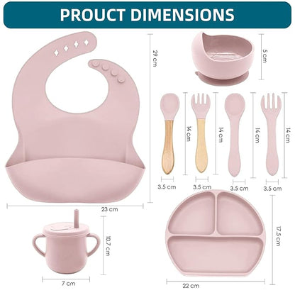 100% Silicone baby feeding set,BPA free Baby dishes set with Suction Bowl Divided Plate,Toddler Self Feeding Dish Set with Spoons Forks Sippy Cup And Bib, Baby Eating Utensils (Lilac)