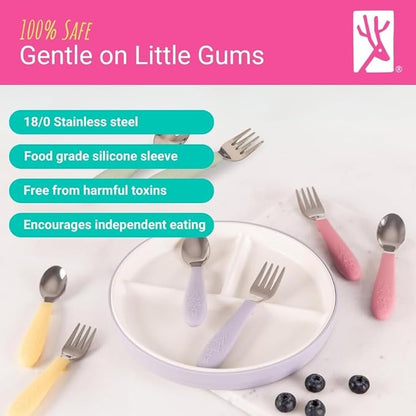 Elk and Friends Kids Silverware with Silicone Handle | Childrens Safe Flatware | Toddler Utensils | Baby Spoons + Forks | Stainless Steel Cutlery | Dishwasher Safe | 6 Pieces