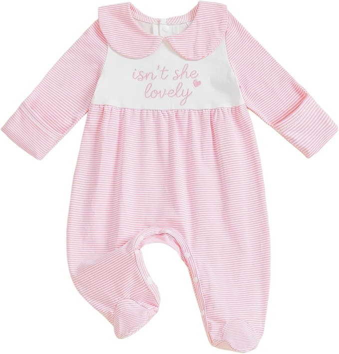 Gaono Newborn Baby Girl Romper Waffle Knit Striped Long Sleeve Doll Collar Heart Bow Jumpsuit Bodysuit Fall Winter Clothes