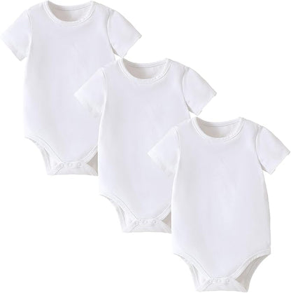 ROMPERINBOX Baby Girl Short Sleeve Onsies, 3 Pack Multi Colors Baby Bodysuit, Knitted Solid, Crew Neck 0-24 Months