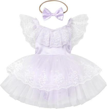 FYMNSI Infant Baby Girl 1st Birthday Outfit Floral Lace Tulle Romper Tutu Dress Headband 2PCS Bodysuit Princess Summer Clothe