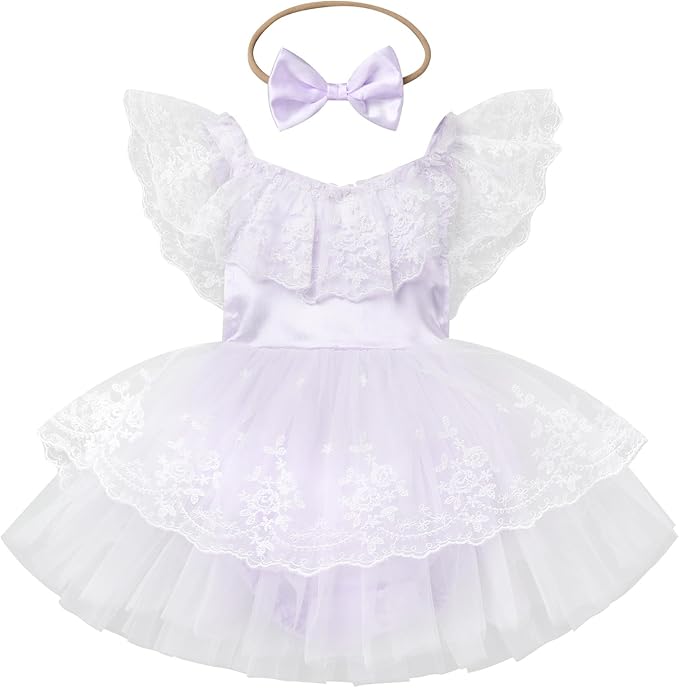 FYMNSI Infant Baby Girl 1st Birthday Outfit Floral Lace Tulle Romper Tutu Dress Headband 2PCS Bodysuit Princess Summer Clothe