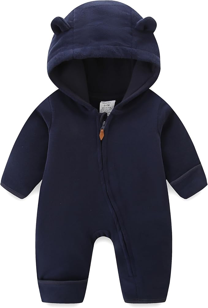 Newborn Baby Bear Onesie Winter Snowsuit With Fold-over Mittens & Footies Zip Up Baby Fleece Jumpsuit 0-18M