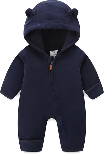Newborn Baby Bear Onesie Winter Snowsuit With Fold-over Mittens & Footies Zip Up Baby Fleece Jumpsuit 0-18M