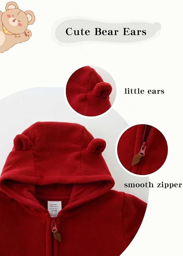 Newborn Baby Bear Onesie Winter Snowsuit With Fold-over Mittens & Footies Zip Up Baby Fleece Jumpsuit 0-18M