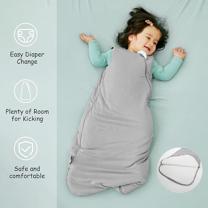 Supersoft Rayon Made from Bamboo Sleep Sack 12-18 Months 1.0 Tog Toddler Sleep Sack Baby Wearable Blanket with 2-Way Zipper Unisex Sleeping Bag for Babies All-year-around (2 Pack) Green & Gray