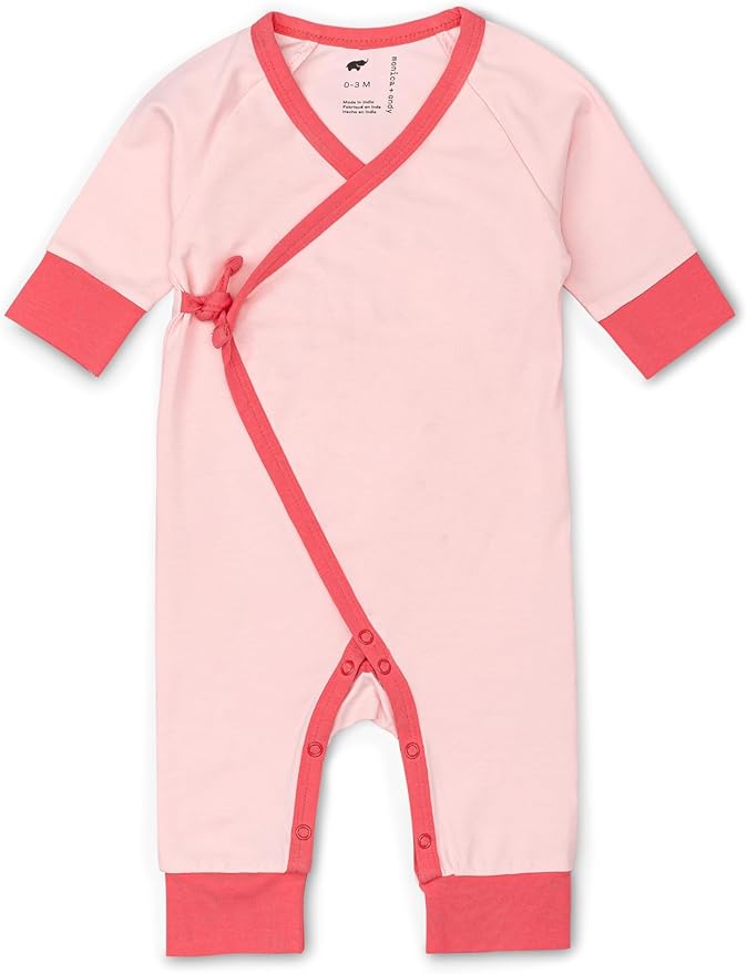 monica + andy Kimono Tie Long Sleeve One Piece, 100% Organic Baby Clothes for Girls & Boys, Preemie, Newborn & Infant